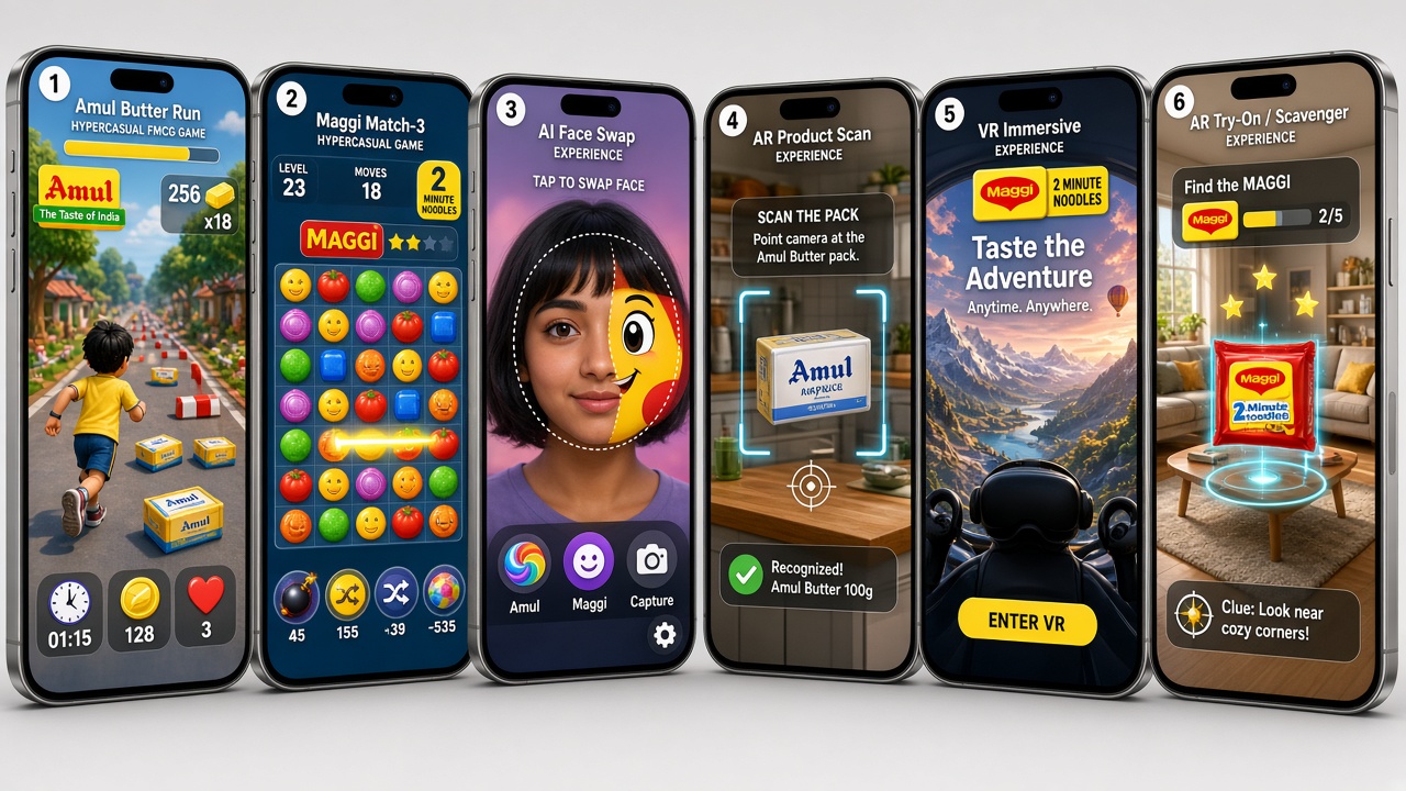 Portrait screens of hypercasual games, AI face swap, AR, and VR experiences