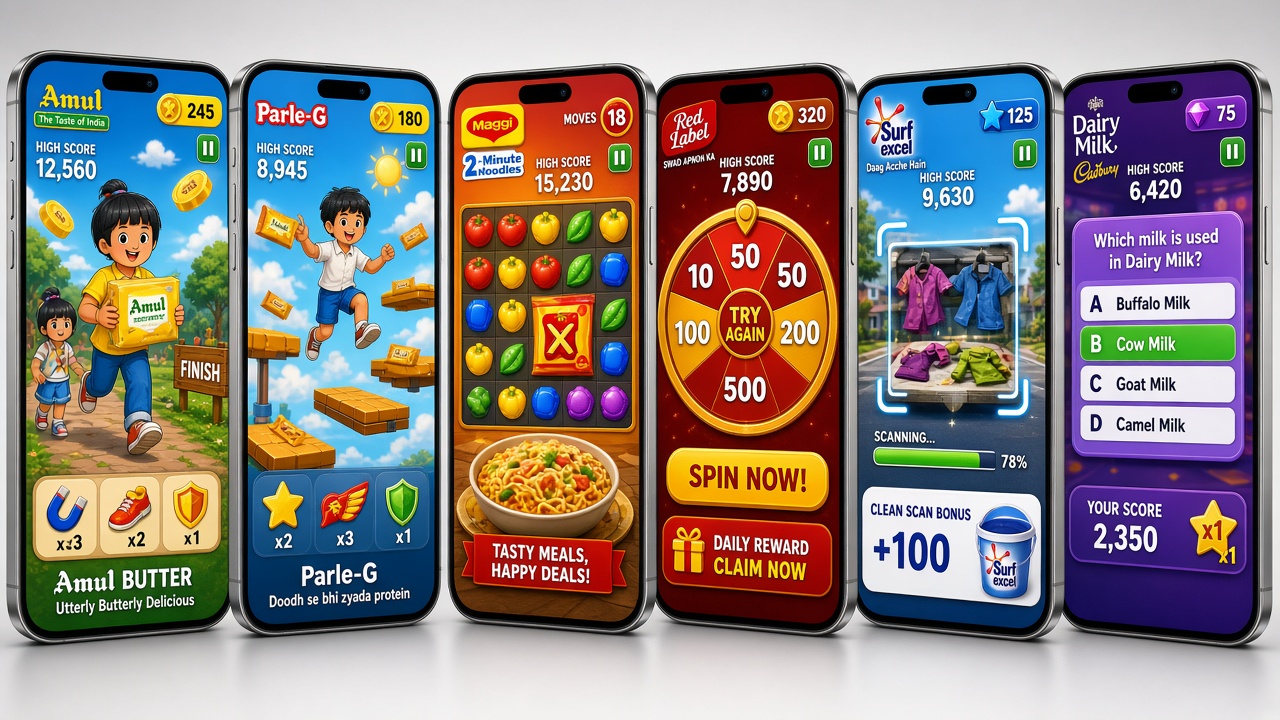 Portrait phone screens of FMCG-branded hypercasual games