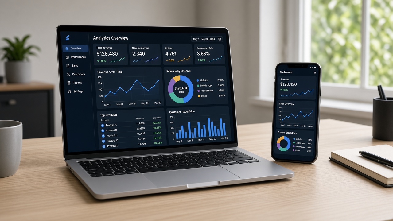 Campaign performance charts on laptop and phone