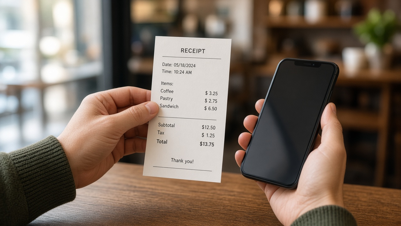 Receipt checked beside a smartphone