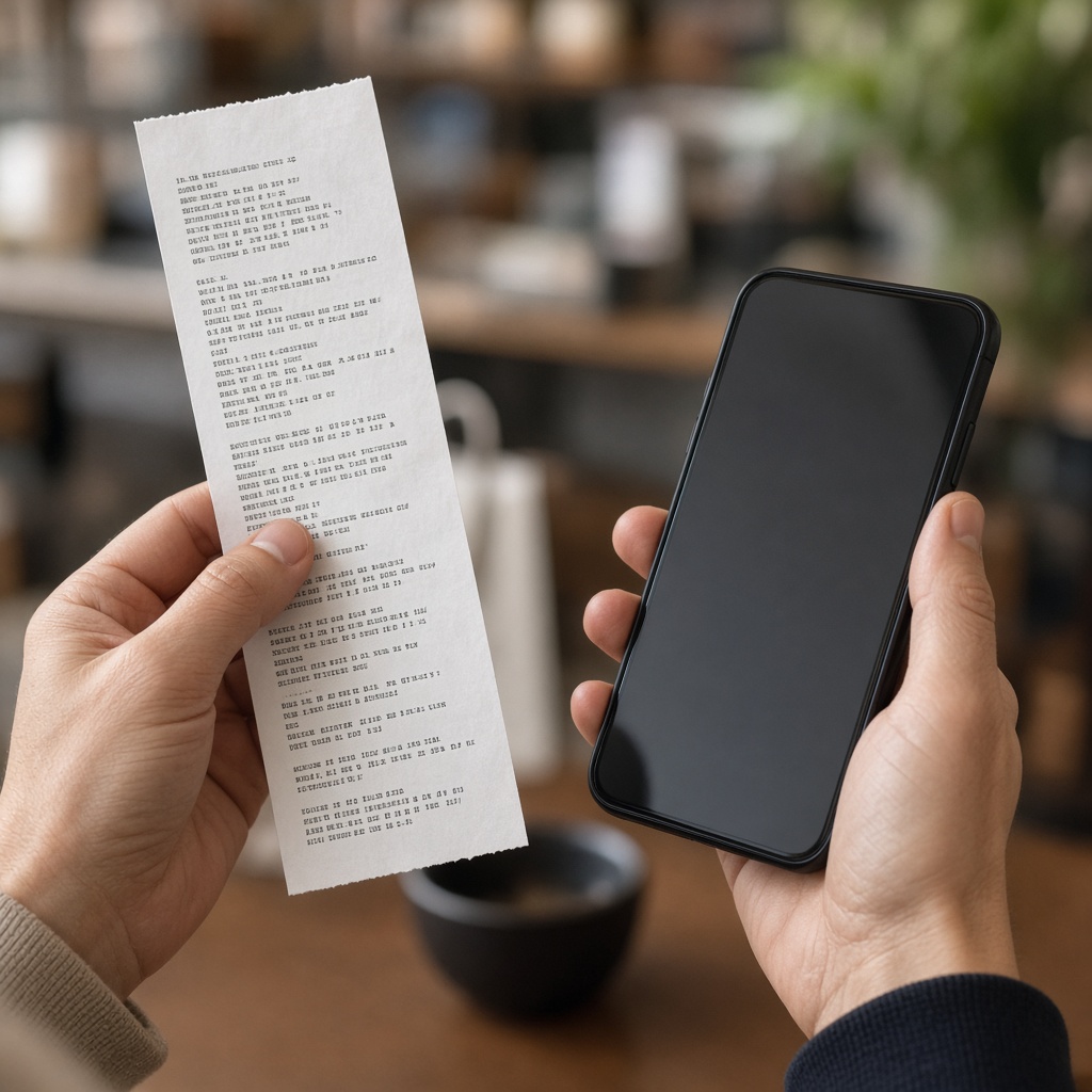 Hands checking a purchase receipt beside a phone