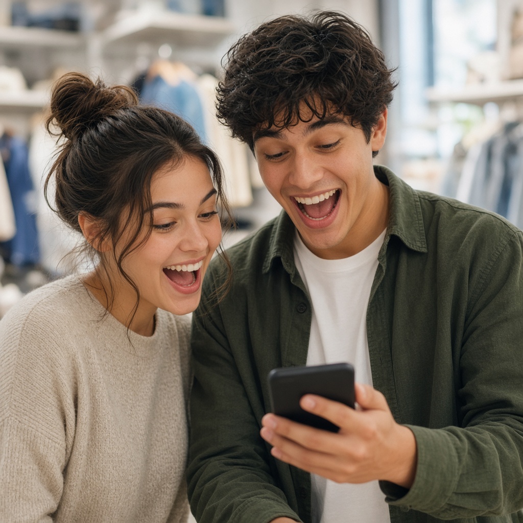 People celebrating a contest win on a smartphone