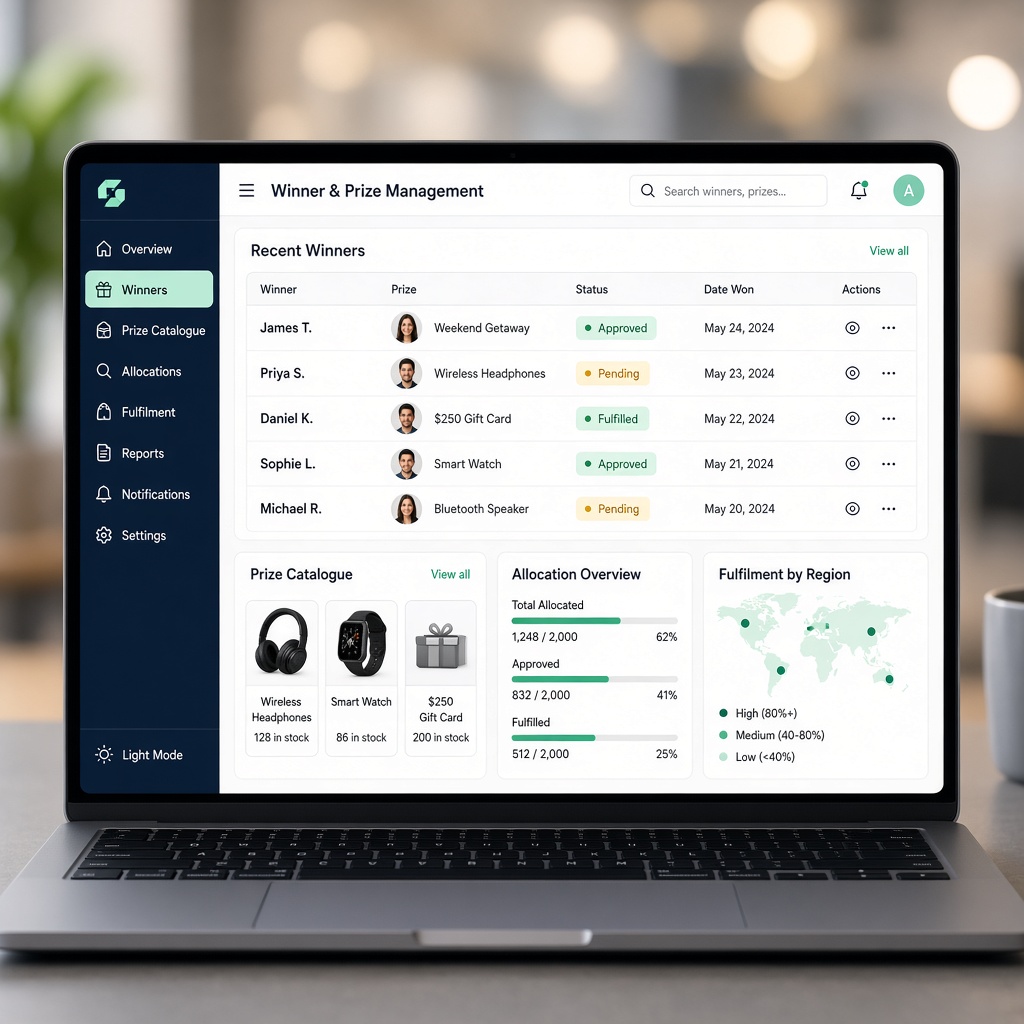 SaaS platform screen for winner and prize management